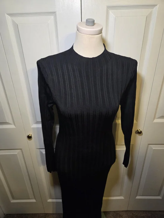 Abercrombie & Fitch Ribbed Knit Dress Women Large Black Bodycon Midi Long Sleeve - Picture 2 of 9